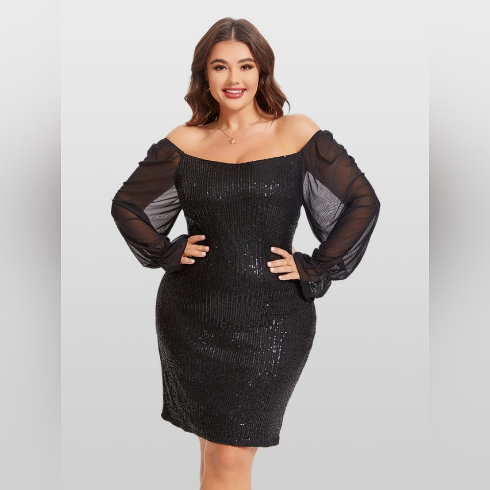 Contrast Mesh Flounce Sleeve Sequin Bodycon Dress